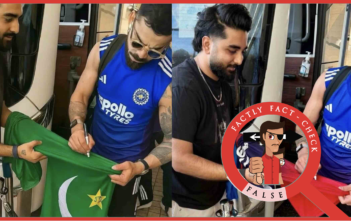 An edited photo of Virat Kohli signing a Royal Challengers Bengaluru jersey is being falsely shared as him signing a Pakistani jersey